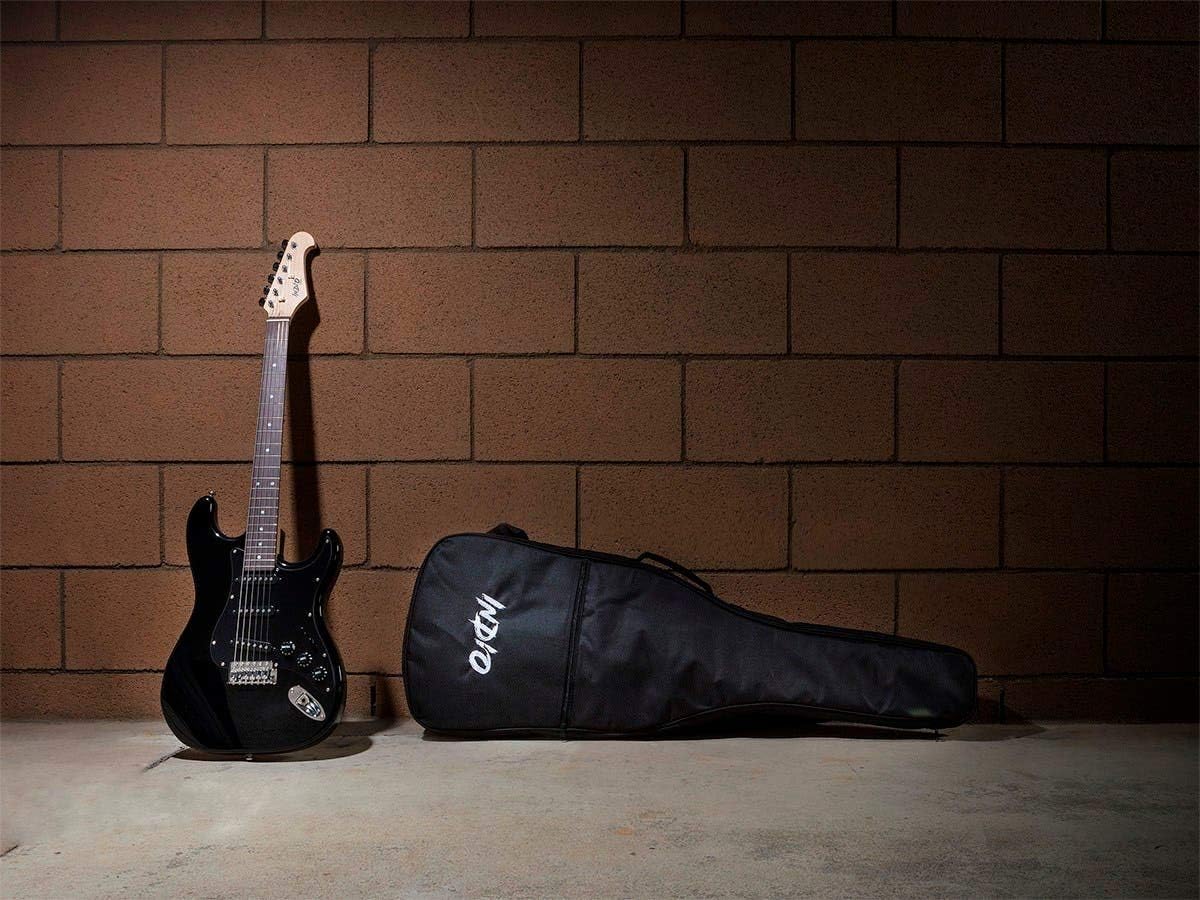 Monoprice Cali Classic Electric Guitar - Black 6 Strings, Double-Cutaway Solid Body, Right Handed, SSS Pickups, Full-Range Tone, With Gig Bag