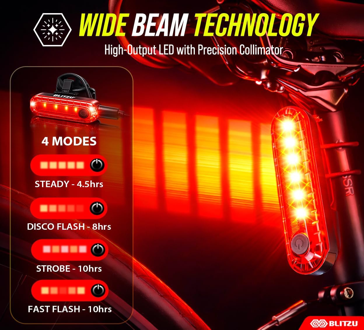 BLITZU Bike Tail Light, 2 Pack USB-C Rechargeable LED Bicycle Rear Lights | 120T, Bright LED, High Visibility Beam, 4 Modes, Easy Installation