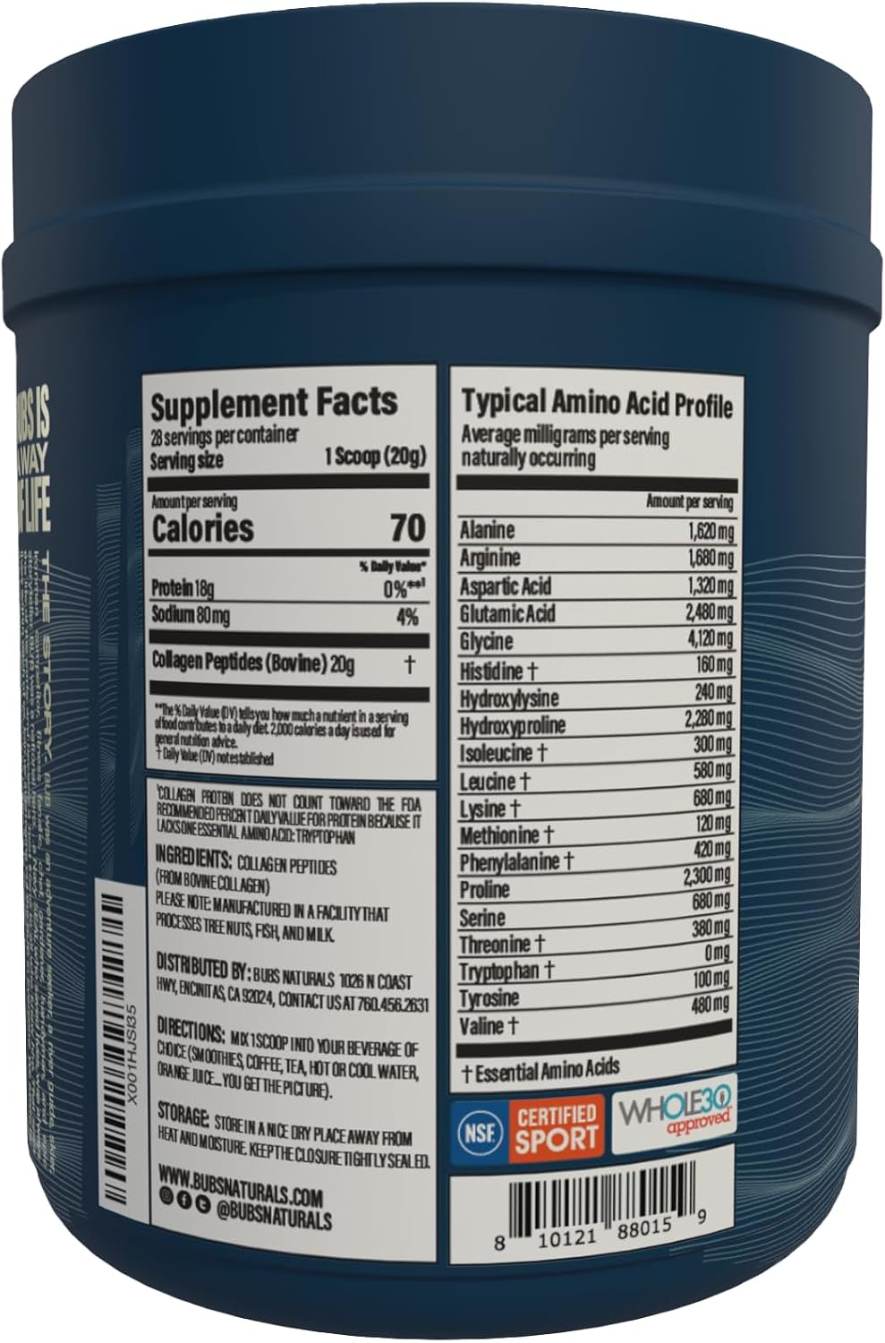 BUBS Naturals Collagen Peptides Powder, Collagen for Women & Men, Hydrolyzed Peptides, Unflavored Pasture Raised Grass Fed, Paleo Keto Friendly, Supports Hair Skin & Joint Health (20 oz) 28 Servings