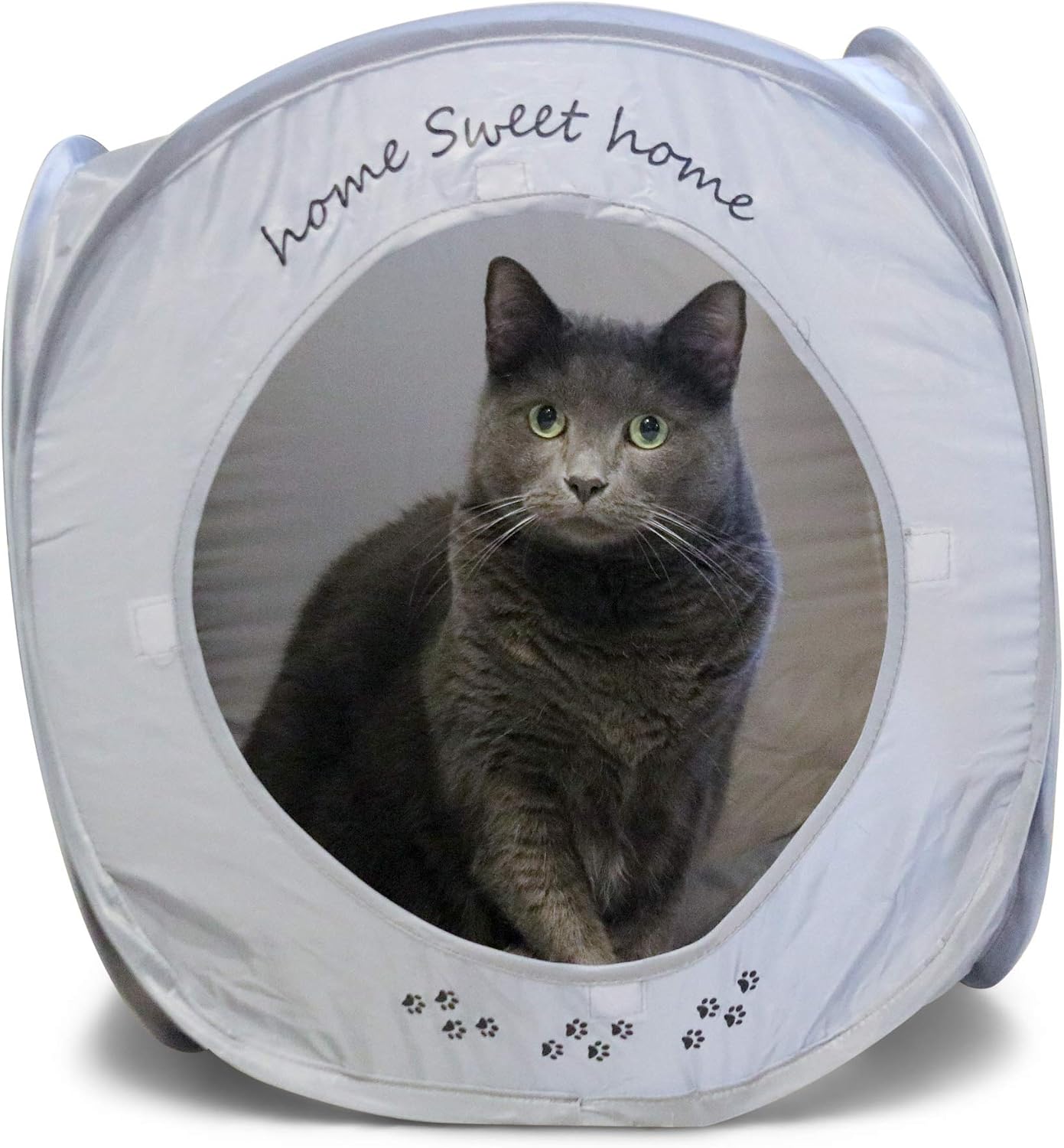 Home Sweet Home Pop Up Cat Cube. A Collapsible Indoor Cat House. Covered Pet Bed Hideaway Cave for Dogs and Other Pets Too. (Pop Up Cube- Gray)