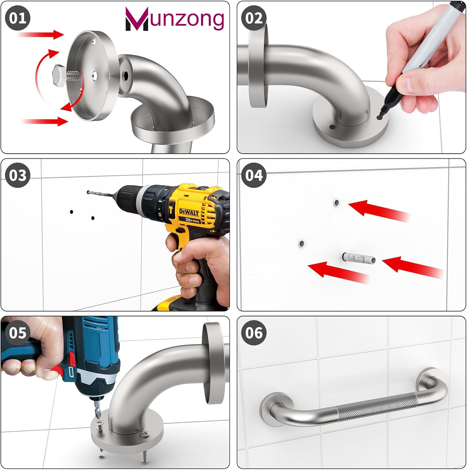 Munzong 3 Pack Commercial Handicap Grab Bars 18" 36" 42" Brushed Nickel | Bathroom Grab Bar for Shower 1.25" Diameter Anti Slip Bathroom Balance Bar Safety Hand Rail for Elderly Injury Senior