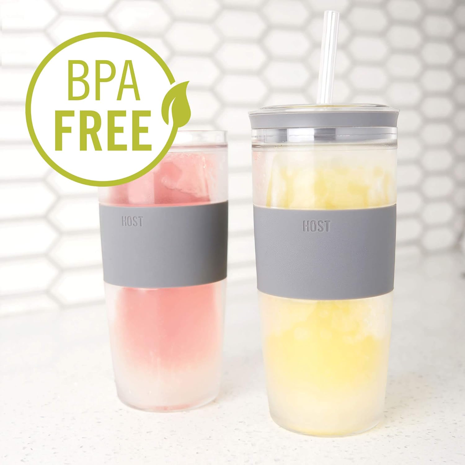 HOST Double Wall Insulated Freezable Drink Chilling Tumbler with Freezing Gel Glasses for Red and White Wine, Straw and Lid, Plastic, 16 oz, Grey