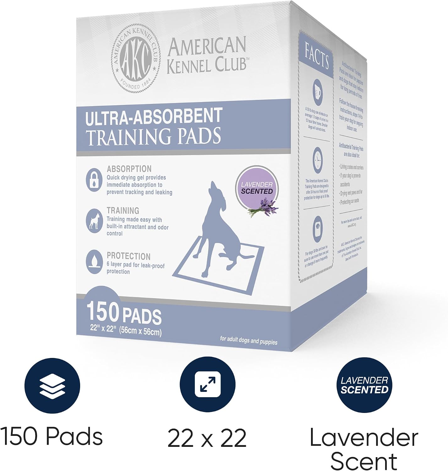 AKC Puppy Training Pads, 22" x 22", Lavender Scented, 150 Count
