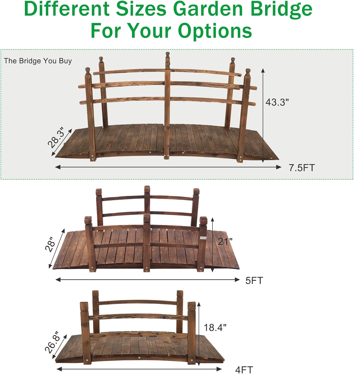 VINGLI 5 ft Garden Bridge, Classic Wooden Arch with Safety Rails Stained Finished Footbridge, Decorative Pond Landscaping, Backyard, Creek or Farm