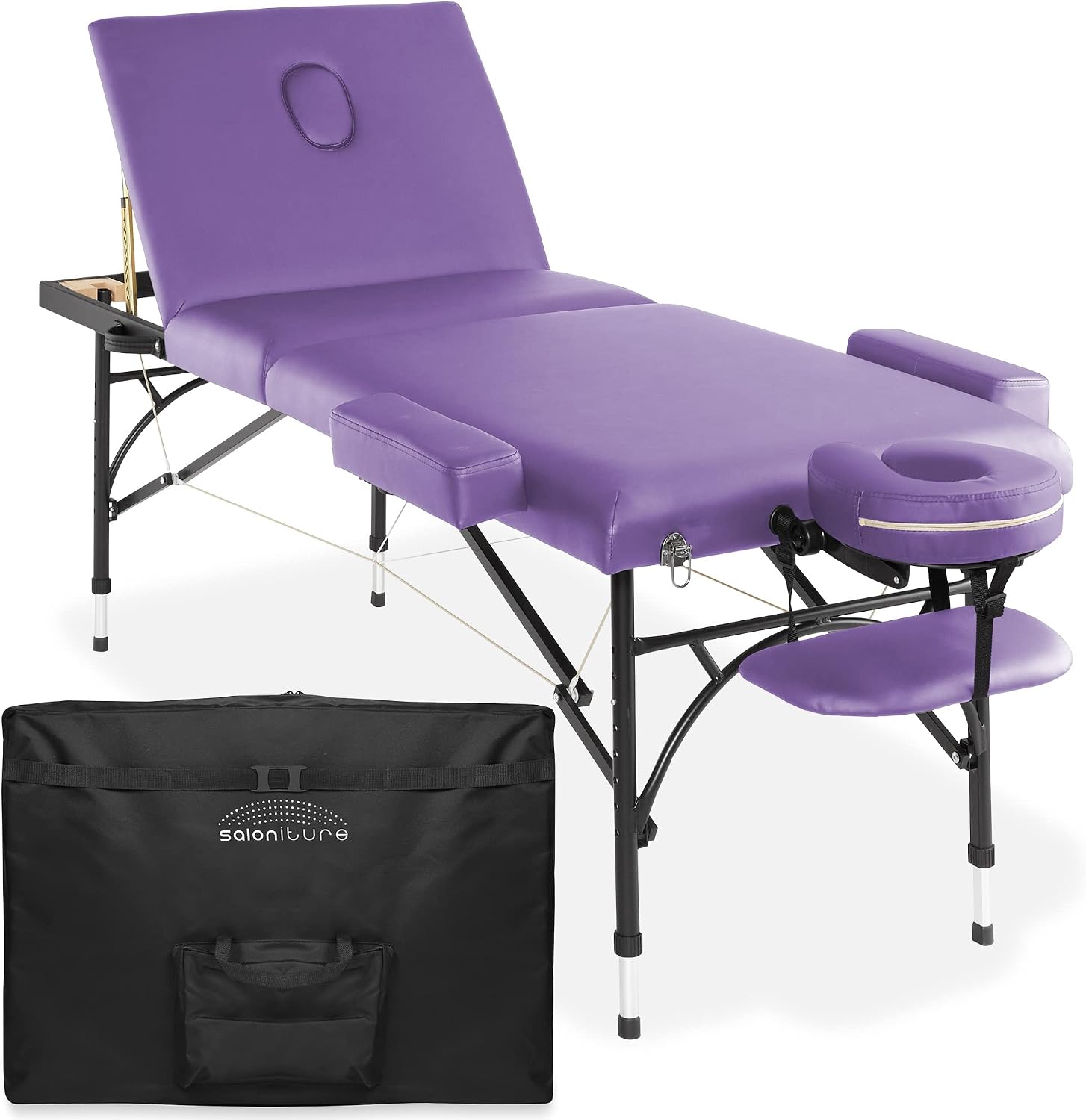 Saloniture Professional Portable Lightweight Tri-Fold Massage Table with Aluminum Legs - Includes Headrest, Face Cradle