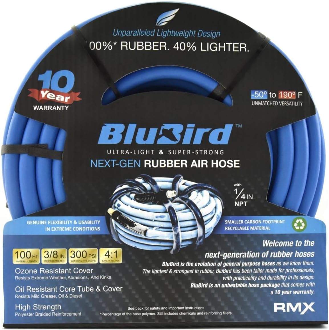 BLUBIRD BB3850 3/8" x 50' Rubber Air Hose, 100% Rubber, Lightest, Strongest, Most Flexible, 300 PSI, 50F to 190F Degrees, Ozone Resistant, High Strength Polyester Braided | High-Performance Pneumatic Hose for Automotive Construction & Industrial, Durable…