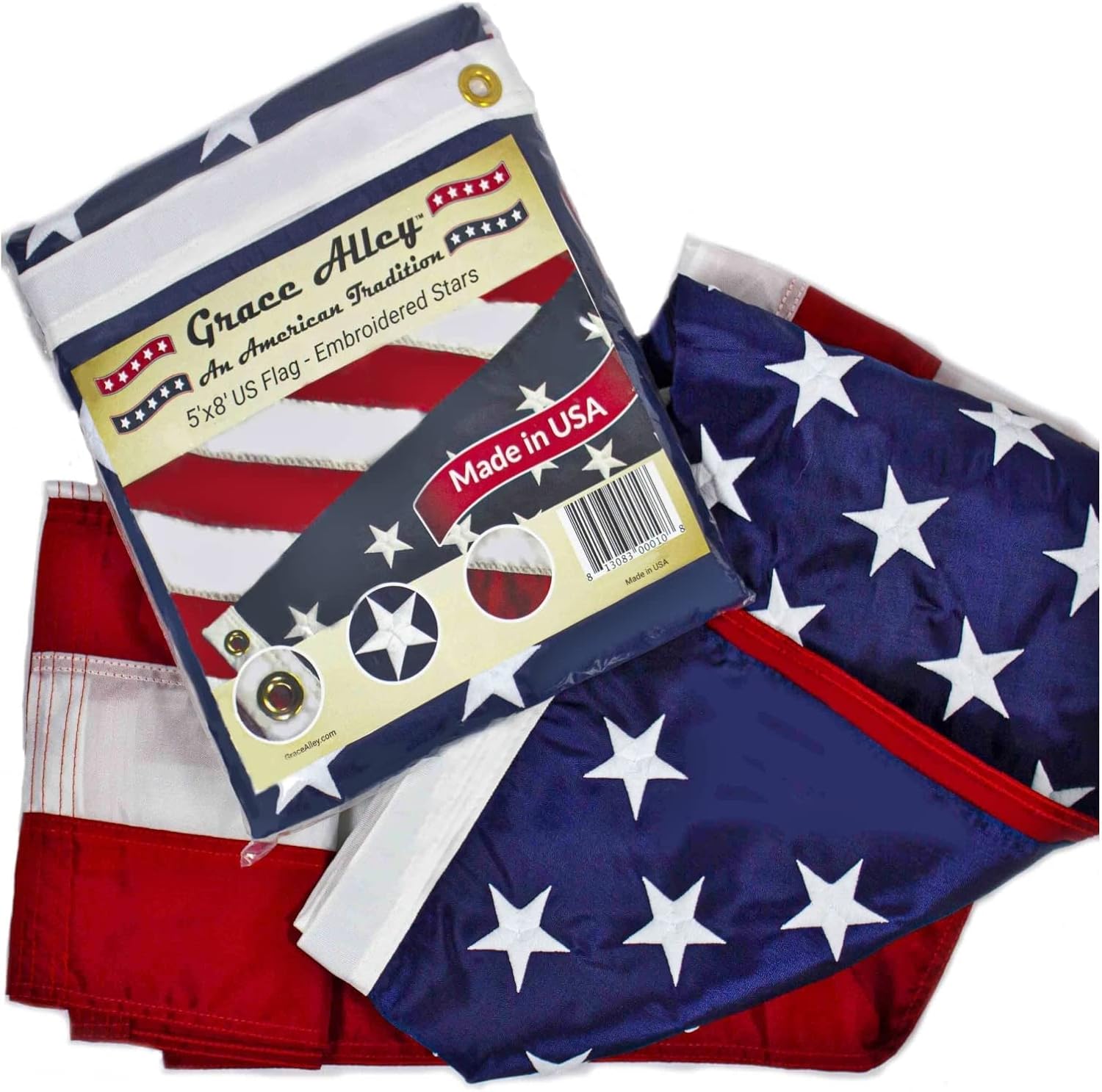 Grace Alley American Flag: 5x8 FT US Flag - 100% Made In USA - Embroidered Stars and Sewn Stripes and Brass Grommets