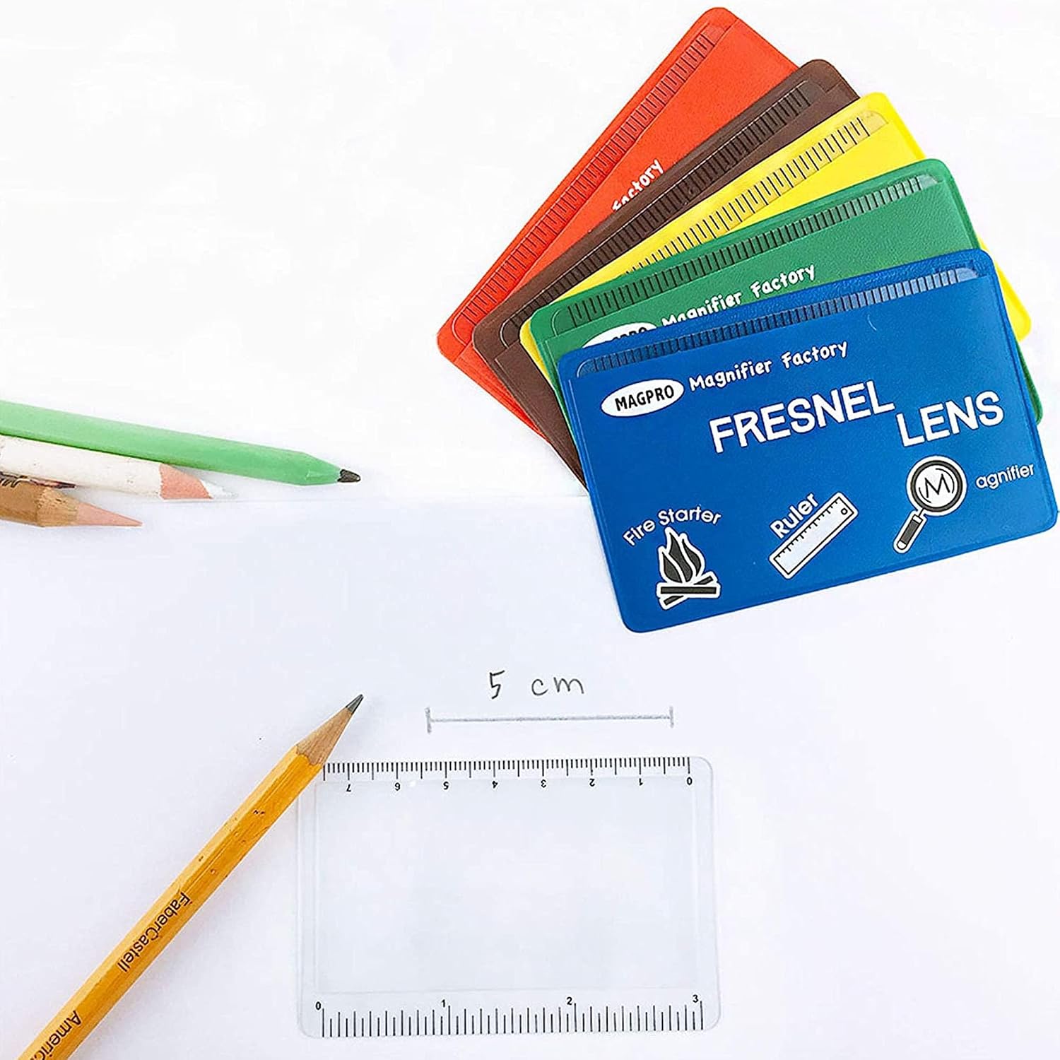 MagDepo 6 Pack Credit Card Size Magnifier Ruler Fire Starter Magnifying Glass Wallet Pocket Magnifier for Reading Small Print, Map, and Book-Blue