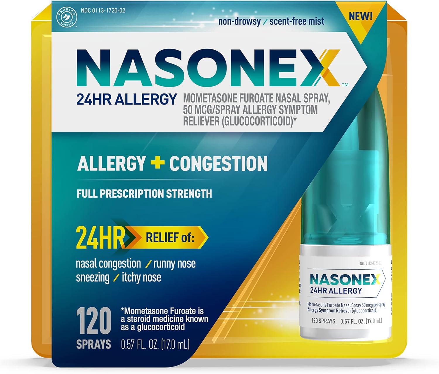 Nasonex 24HR Allergy Nasal Spray, Non-Drowsy, Scent-Free Mist, Allergy Symptoms + Nasal Congestion, Full Prescription Strength, 120 Sprays
