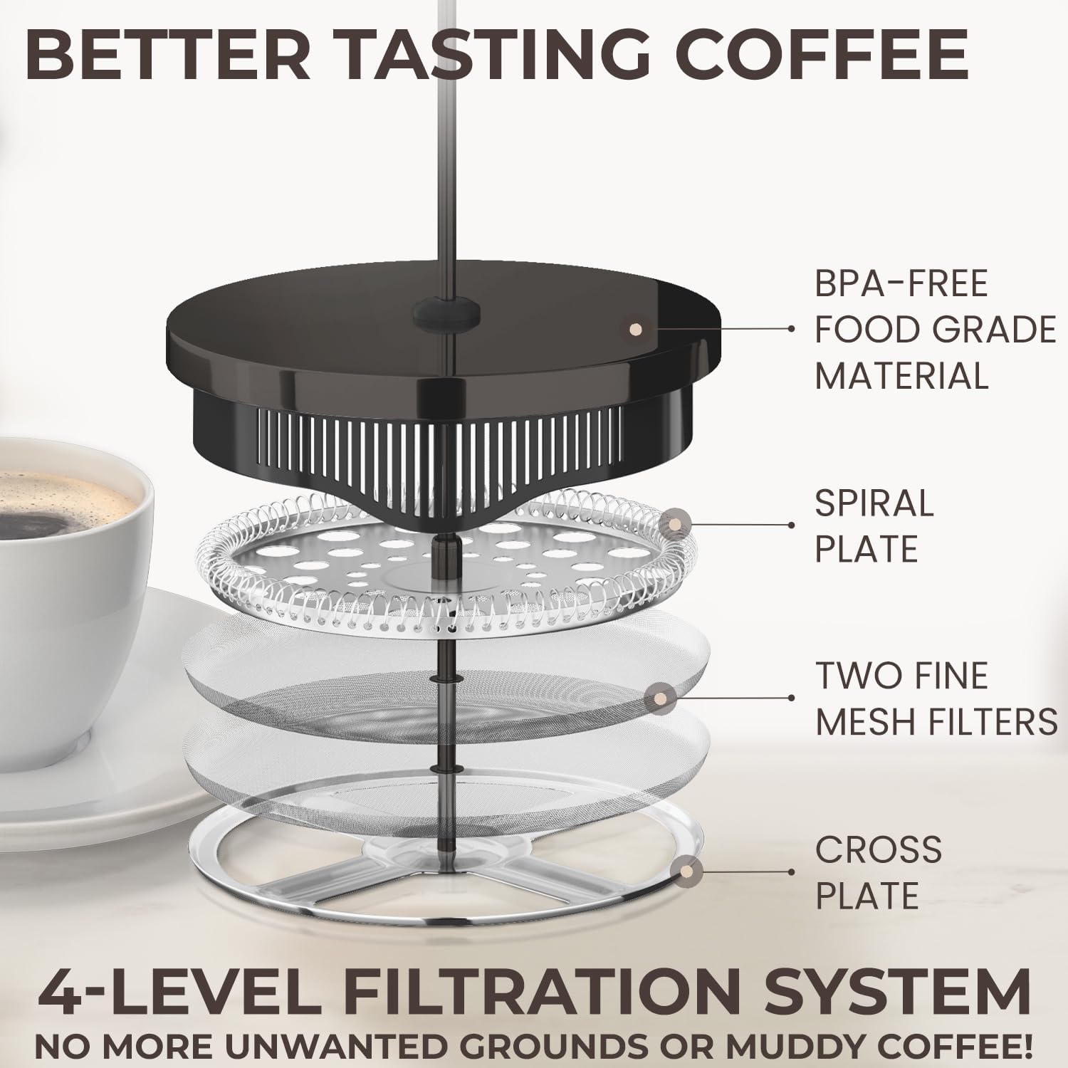 Cafe Du Chateau French Press Coffee Maker, 34 oz Glass, Stainless Steel | Easy Brew, Durable Clear Glass, 4-level Filtration, 34 oz Capacity, Coffee Press for Camping, Tea Brewer, BPA-Free Materials