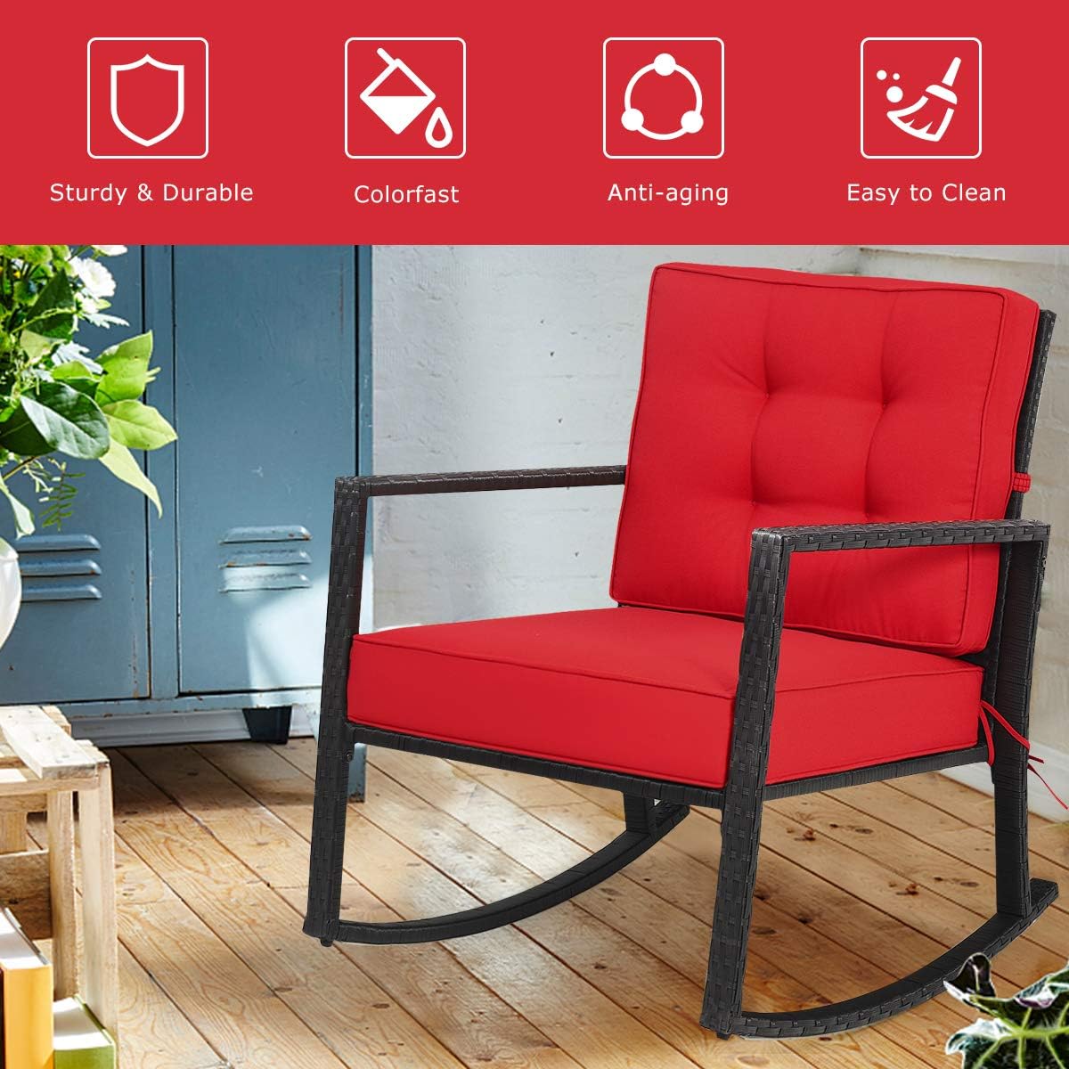 Tangkula Wicker Rocking Chair, Outdoor Glider Rattan Rocker Chair with Heavy-Duty Steel Frame