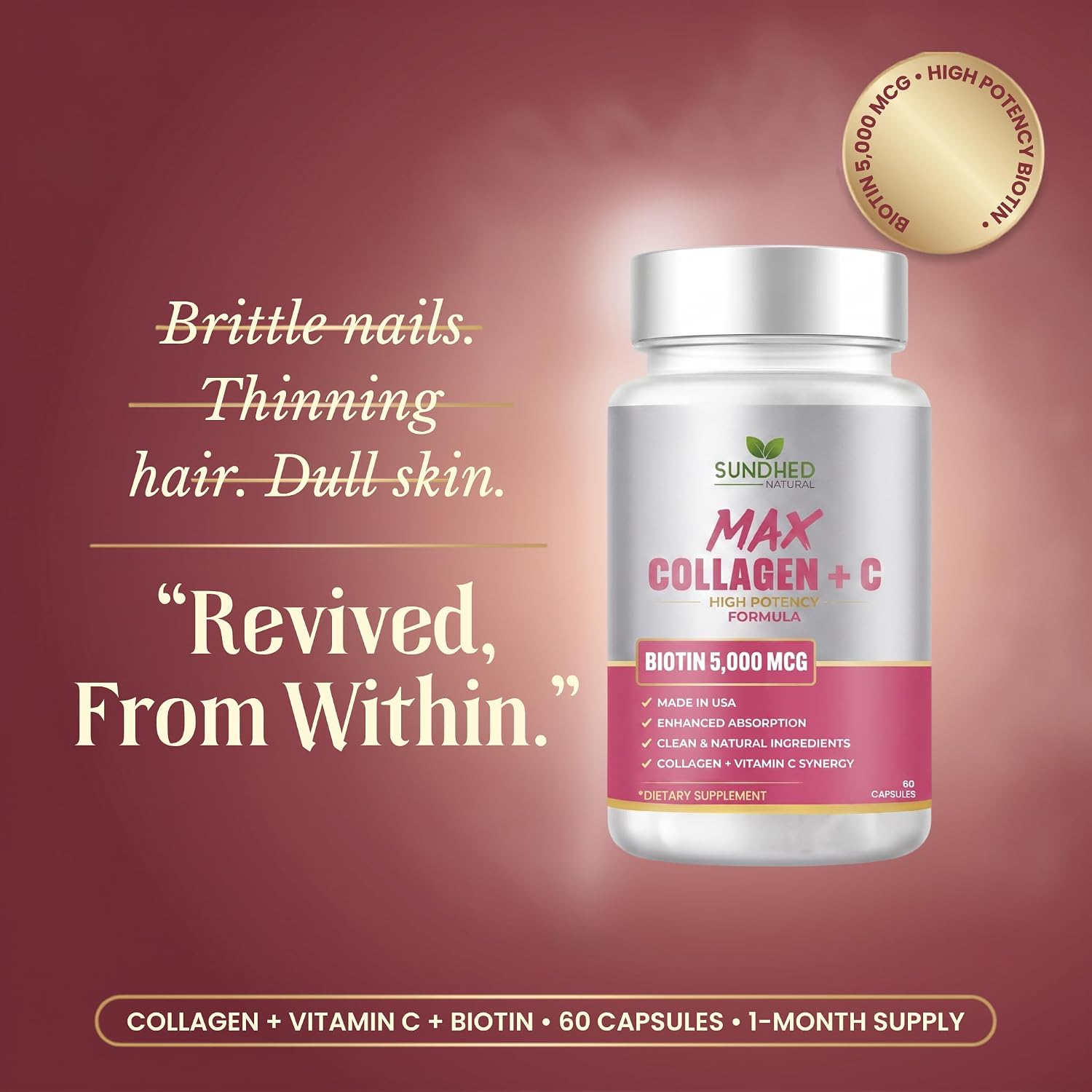 Max Collagen Plus C (60 caps) - All Natural Collagen Capsules with Biotin & Bioperine to Boost Anti Aging Hydration & Skin Firmness - Collagen Pills to Strengthen Bones & Nails