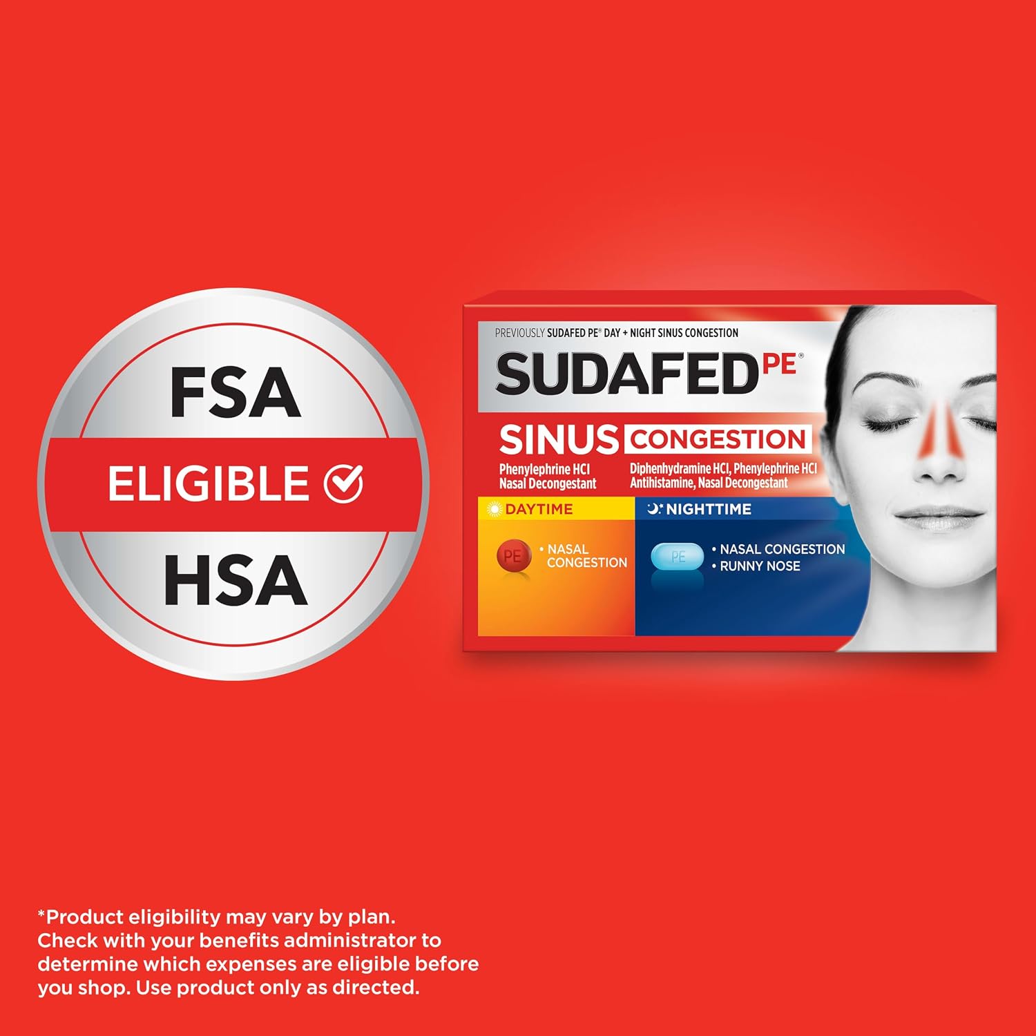 Sudafed PE Day + Night Tablets, Phenylephrine HCl, 20 ct | Diphenhydramine HCl, Maximum Strength Decongestant & Antihistamine