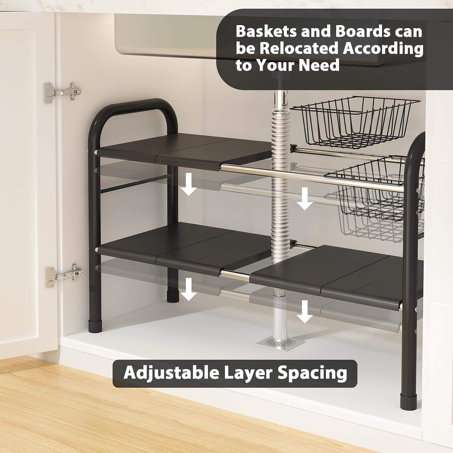 Expandable Under Sink Organizer, 2 Tier Under Sink Shelf | With 2 Removable Baskets and 6 Removable Panels