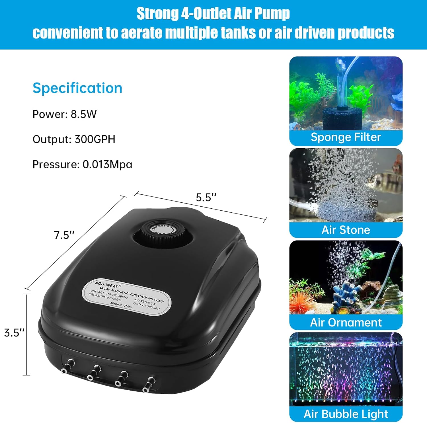 AQUANEAT Aquarium Air Pump 300GPH, for up to 200 Gallon Fish Tank, Powerful Hydroponic Aerator Pump, Adjustable Oxygen Bubbler