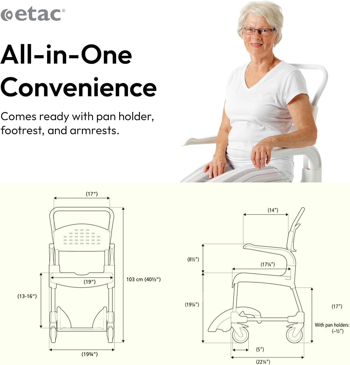 Etac Clean 24" Self-Propelled Shower Chair with Wheels - 21 3/4 Inch Fixed Height with 24 Inch Rear Wheels - Shower Wheelchair for Elderly and Disabled - Movable Armrest & Ergonomic Footrest