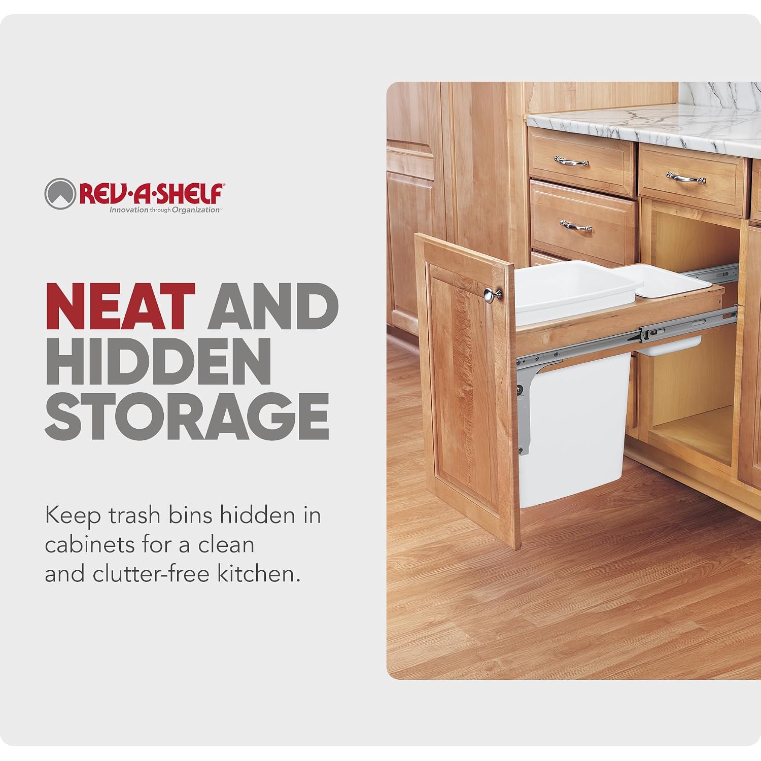 Rev-A-Shelf 35 Qt Top Mount Double Pullout Under Cabinet Kitchen Trash Cans for Base Cabinets, 150 Pound Rated Full-Extension Slides, Min Opening Width of 14.75", White, 4WCTM-18DM2-162