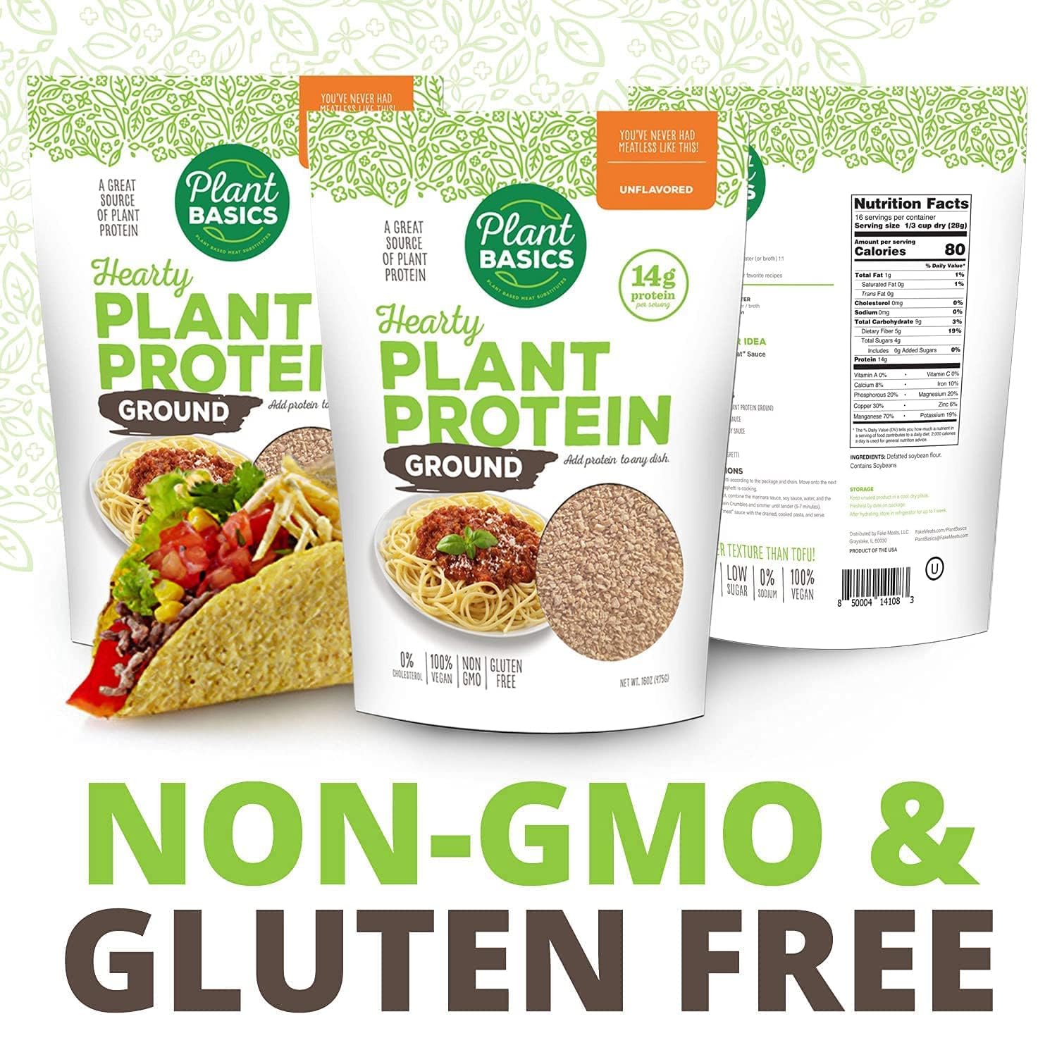 Plant Basics - Hearty Plant Protein - Unflavored Ground, 1 lb (Pack of 6), Non-GMO, Gluten Free, Low Fat, Low Sodium, Vegan, Meat Substitute