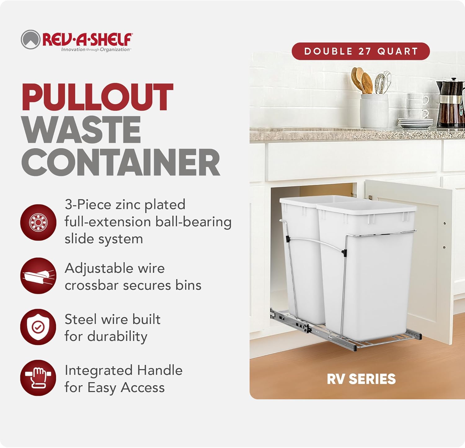 Rev-A-Shelf Double 27 Qt Pullout Trash Can for Base Kitchen Cabinets, Garbage Waste Bin System with Full Extension Slides, Min Opening Width of 11.5", Metallic Silver, RV-15KD-17C S