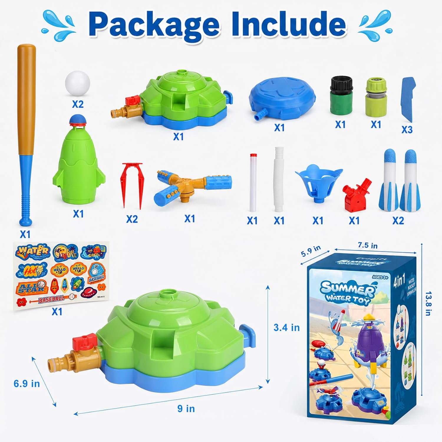 4-in-1 Kids Water Sprinkler Toys for Outdoor Play – Foot Pump Rocket, Water Spray Rocket