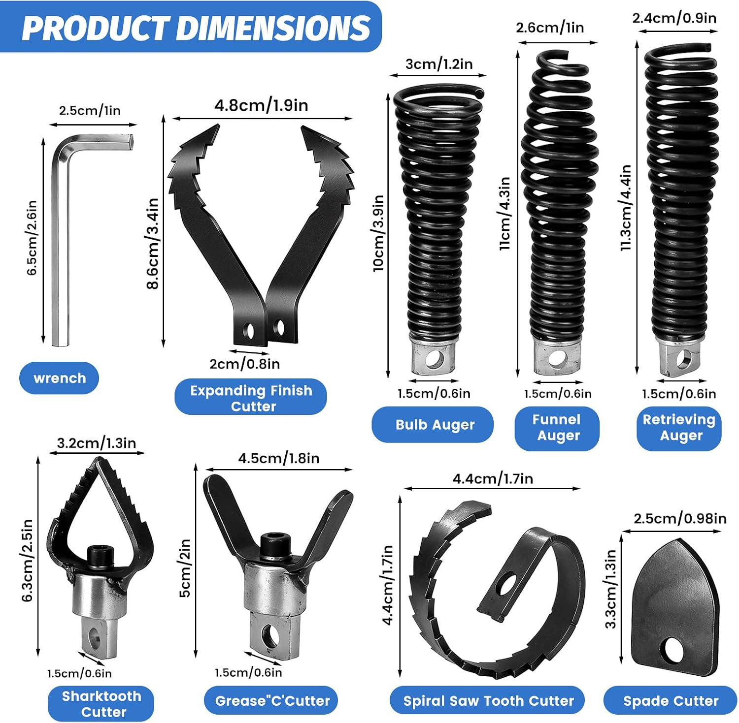9-Piece Drain Snake Drill Attachment Kit, Drain Auger Replacement Heads with Hex Wrench for 5/16in-3/4in Cable, Fits 50ft-100ft Machines