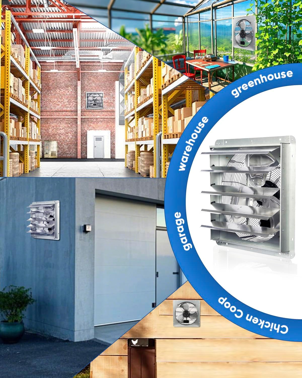 KEN BROWN 12 Inch Shutter Exhaust Fan Wall Mounted, Aluminum with 1.65 Meters Power Cord Kit, High Speed 1450CFM, Vent fan for Commercial, Greenhouse