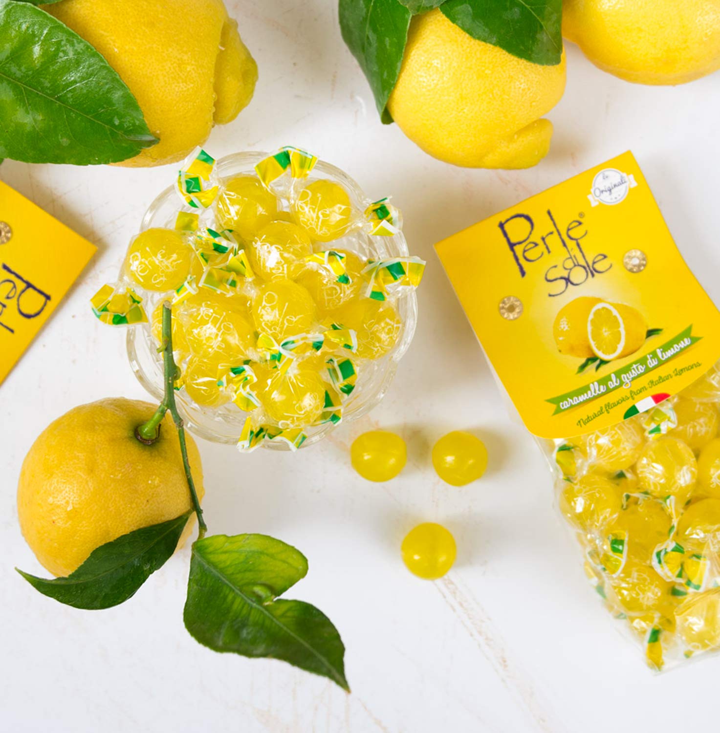 Perle di Sole Italian Lemon Drops Hard Candy Individually Wrapped (7.05 oz) Made with Essential Oils of Amalfi Coast P.G.I. Lemon - Italian Imported Gifts From Italy