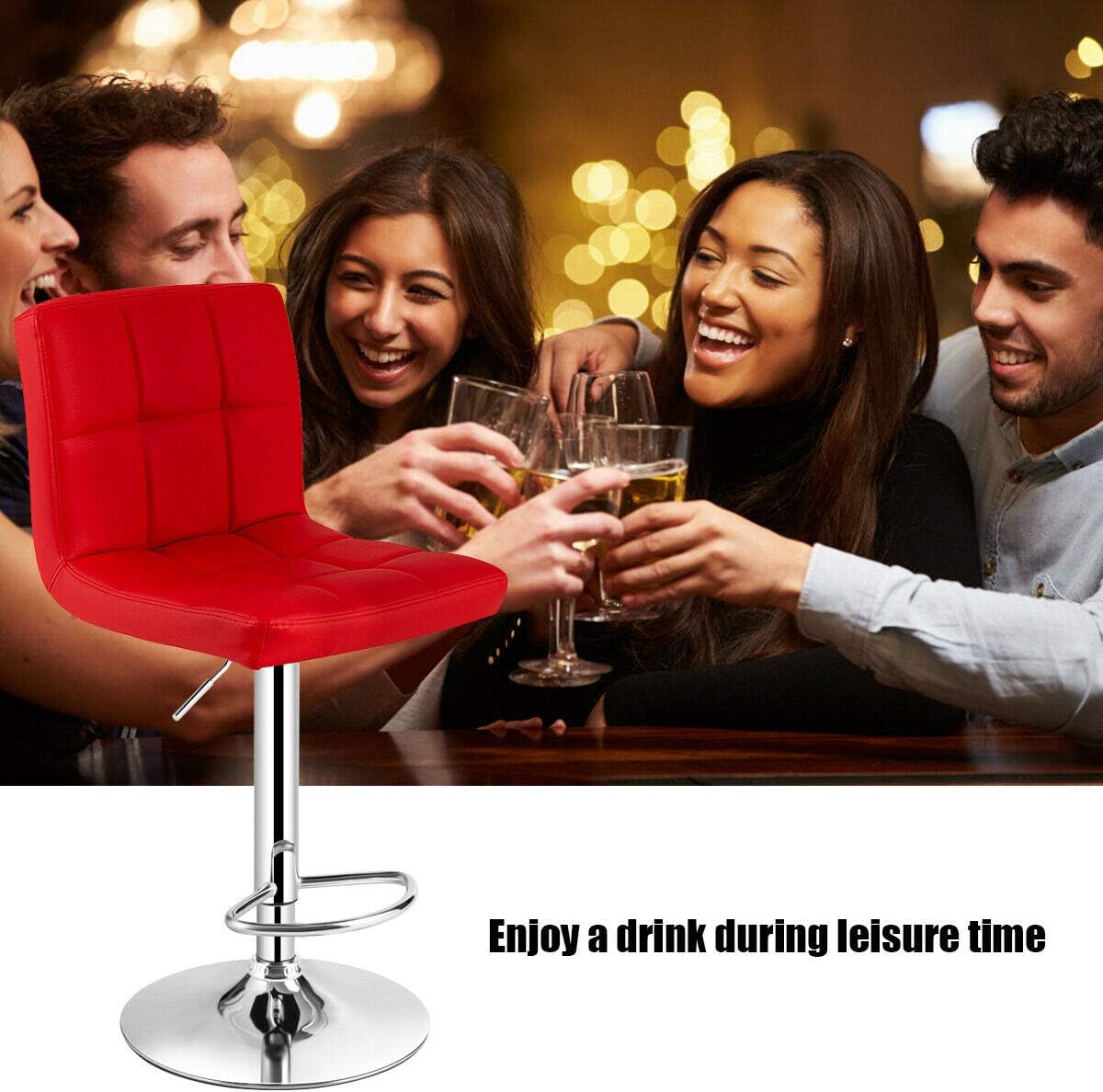 COSTWAY Bar Stool, Modern Swivel Adjustable Height PU Leather Barstools with Back, Square Armless Counter Height Bar Chair for Kitchen Island Dining Living Bistro Pub Counter, Black