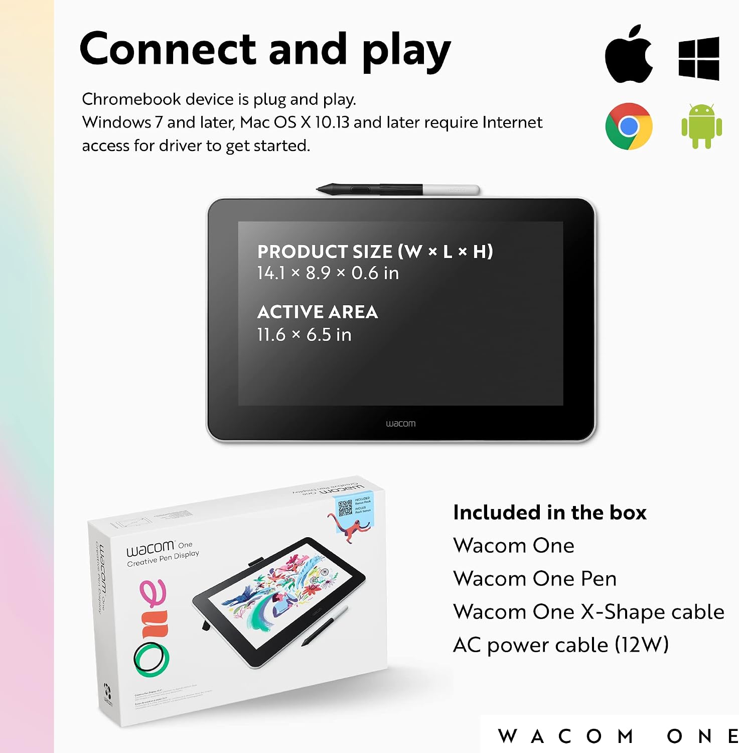 Wacom One HD Creative Pen Display, Drawing Tablet with Screen, 13.3" Graphics Monitor, Works with Mac, PC & Chromebook, Photo/Video Editing