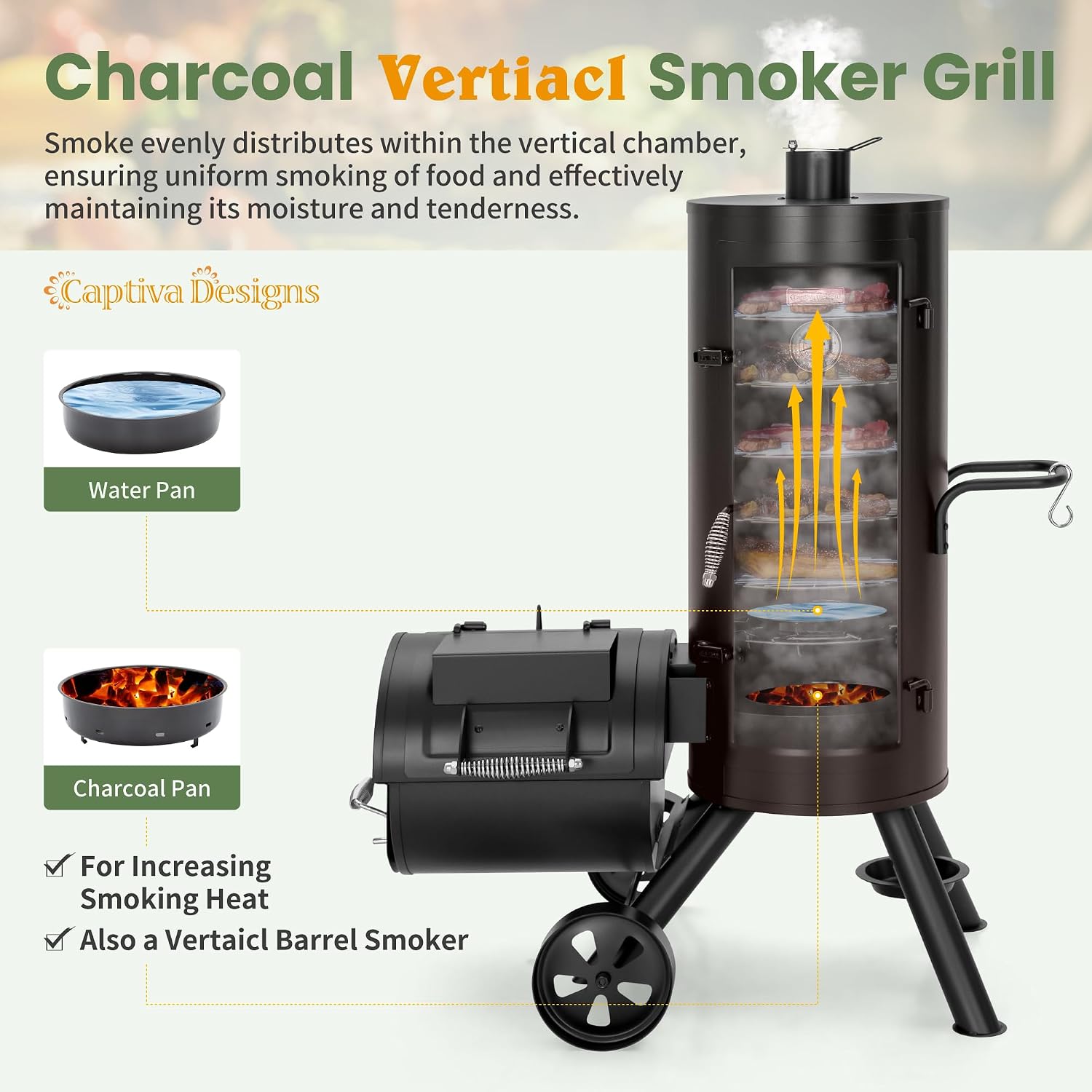 Captiva Designs Vertical Charcoal Smoker Grill Extra Large Barbecue Grill | 961 SQ.IN Outdoor Barrel BBQ Meat Smoker with 5 Removable Smoking Grates & Built-in Hooks for Outdoor Backyard Cooking