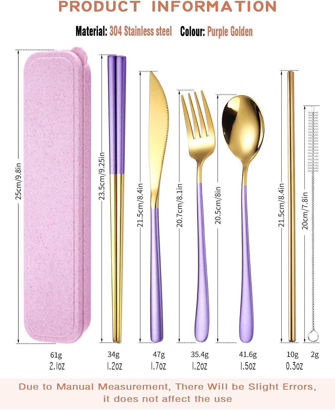AARAINBOW 6 Pieces 18/8 Stainless Steel Flatware Set Portable Reusable Cutlery Set Travel Utensils Set Including Chopsticks Knife Fork Spoon Straws