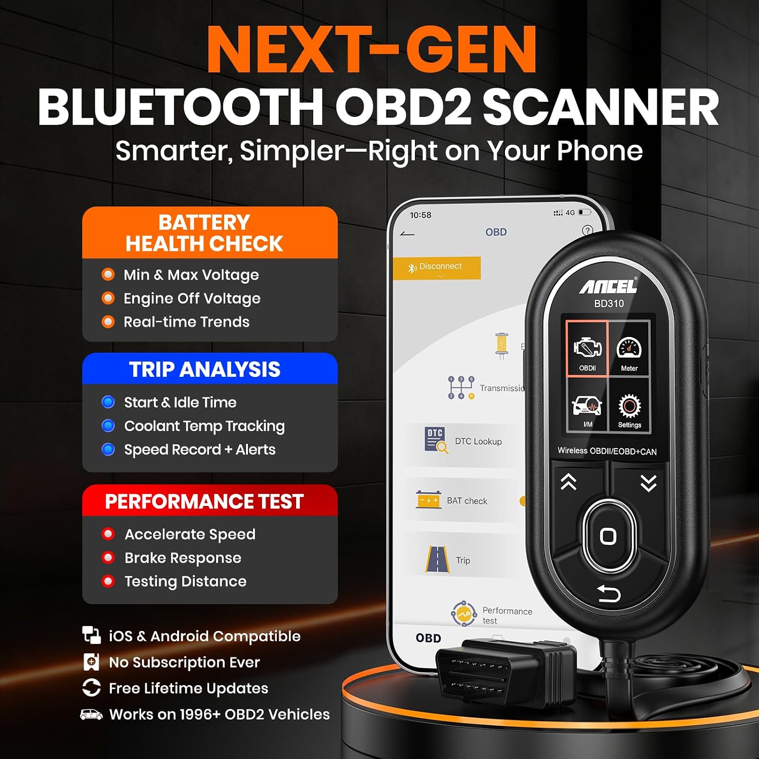 ANCEL BD310 Bluetooth OBD2 Scanner, 2-in-1 Car Diagnostic Scan Tool & Code Reader with App, Battery Test, Trip Analysis, Performance Test