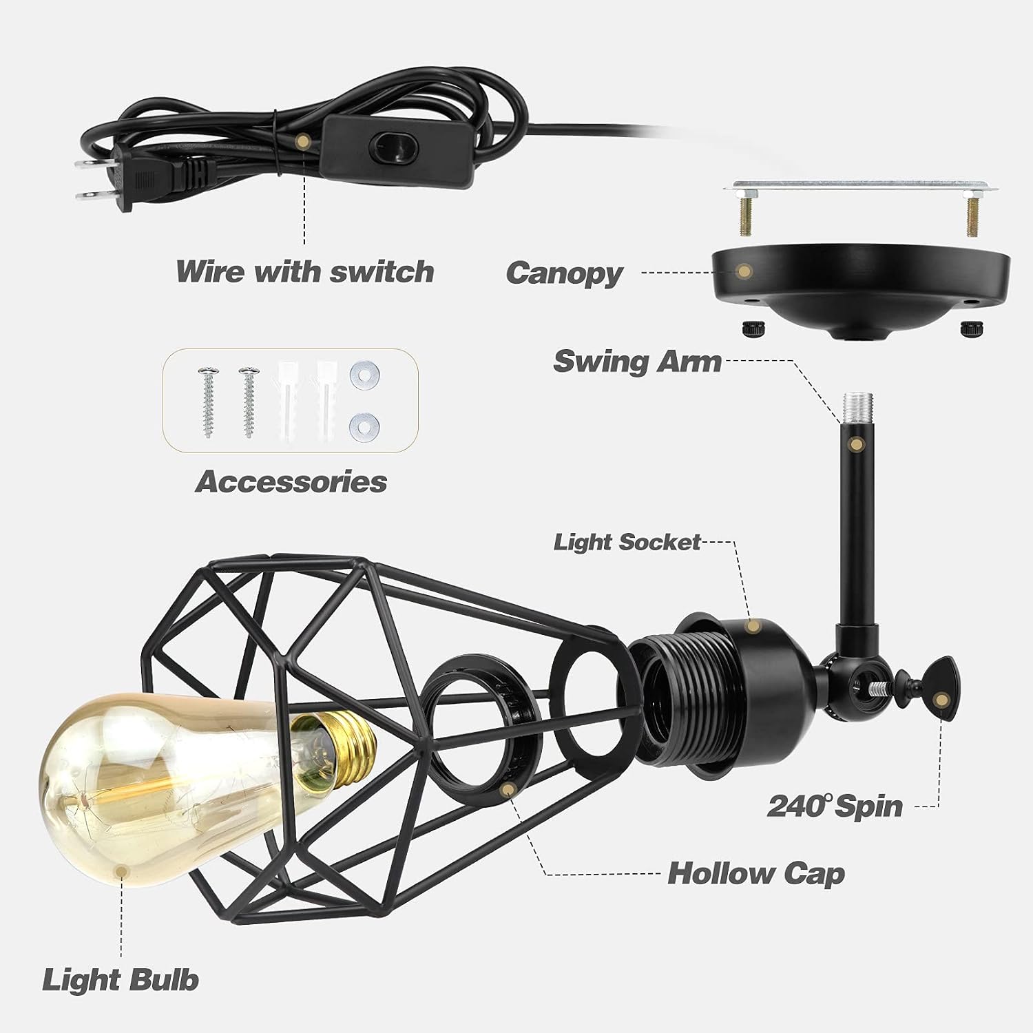 WimiSom Plug in Wall Sconce, Wire Cage, Industrial Wall Lamp with Plug in Cord, Rustic Sconce Fixture