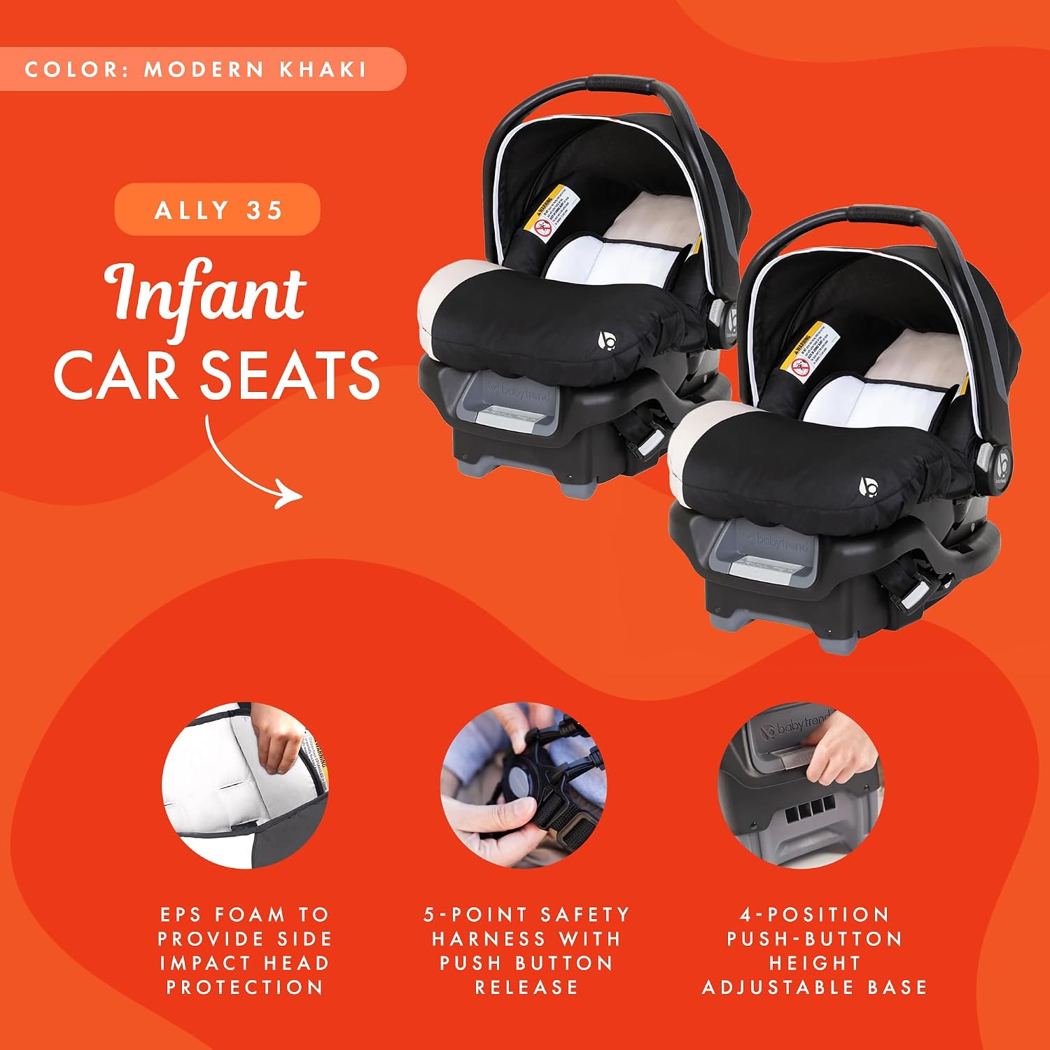Baby Trend Ally Newborn Infant Car Seat Carrier with Harness, Khaki, 2-Pack