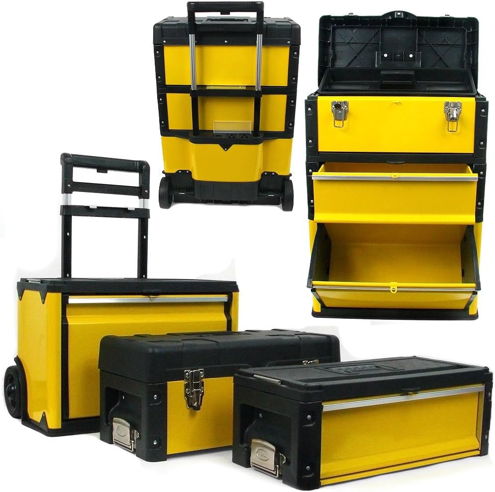 Portable Tool Box on Wheels - Stackable 3-in-1 Chest for Workshops and Craft Rooms - Foldable Comfort Handle and Latches by Stalwart (Black/Yellow)