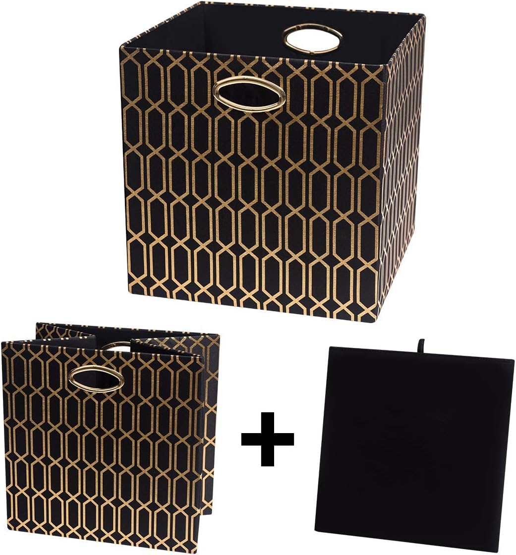 Posprica Storage Bins, Storage Cubes,13×13 Fabric Drawers Organizer Basket Boxes Containers (13×13×13/4pcs, Cream/gold geometry Pattern)