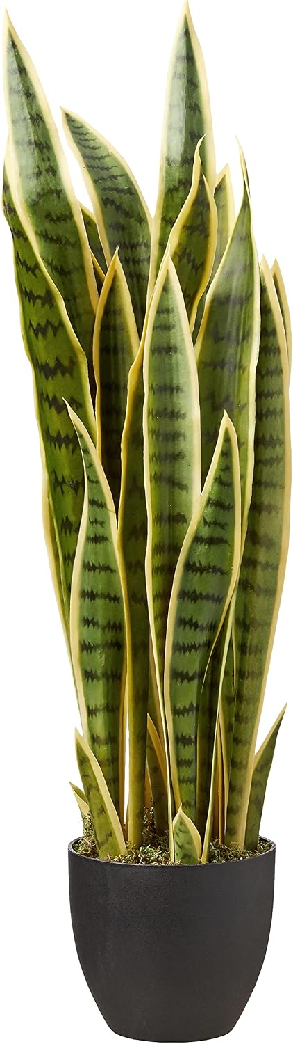 Nearly Natural 33” Sansevieria Artificial Silk Plants Green | 35 Variegated Leaves, Handcrafted Materials, Black Decorative Planter