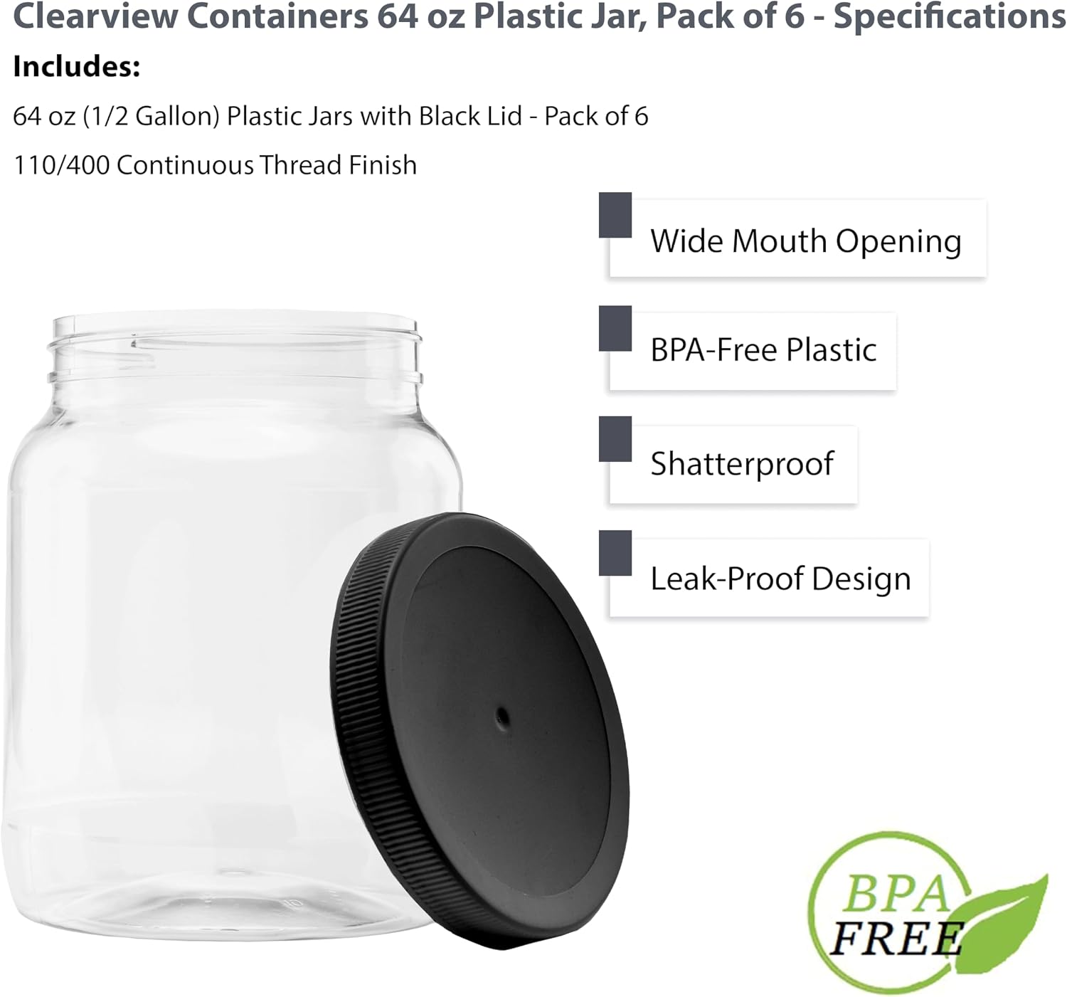 1 Pack - 128 oz (1 Gallon) Plastic Storage Jars with 110-400 Leak Proof Black Lids, Food Grade, BPA Free, Hand Wash Only (128oz, BLK, 1PK)