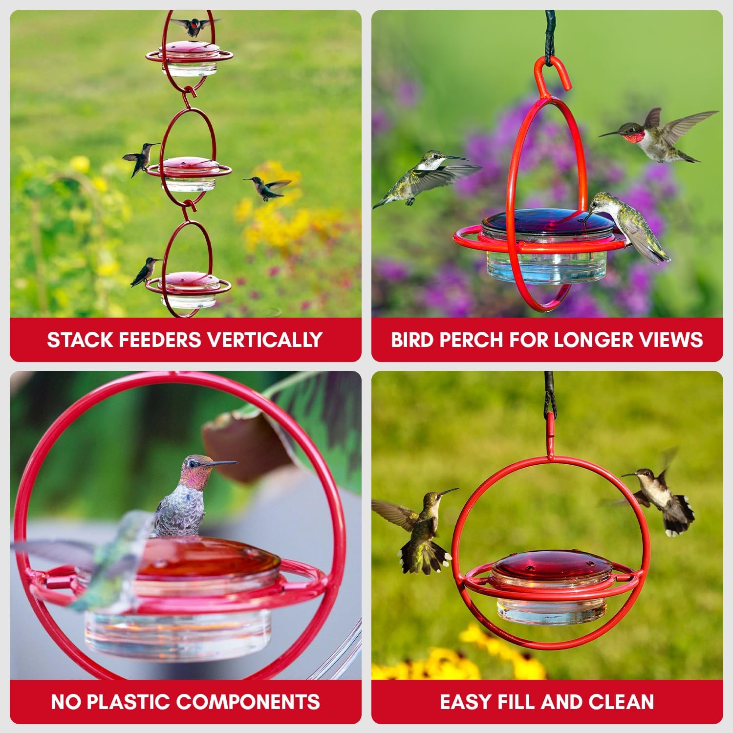 Hummingbird Feeder for Outdoors Hanging, 3.4 OZ Hummingbird Feeders, Glass Bowl with 4 Feeding Ports, Leak Proof Lid & Circular Perch, Bird Feeder (1, Red)