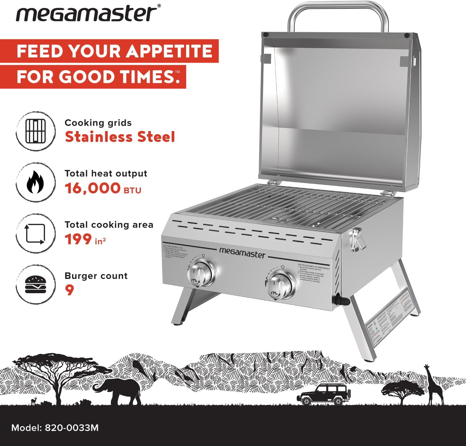 Megamaster Tabletop 2 Burner Gas Grill, Stainless Steel with Foldable Legs