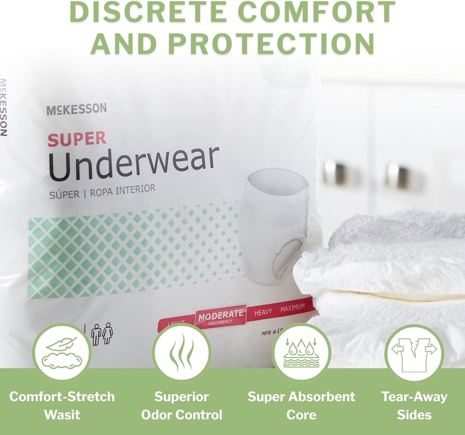McKesson Super Adult Incontinence Underwear, Medium, Moderate, 44 in, 80 ct