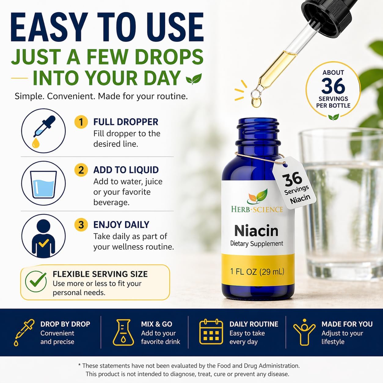 Liquid Vitamin B3 Niacin Drops, Alcohol-Free, 1 Oz | Easy-to-Take Liquid Formula with Flexible Serving, Vegan, Non-GMO