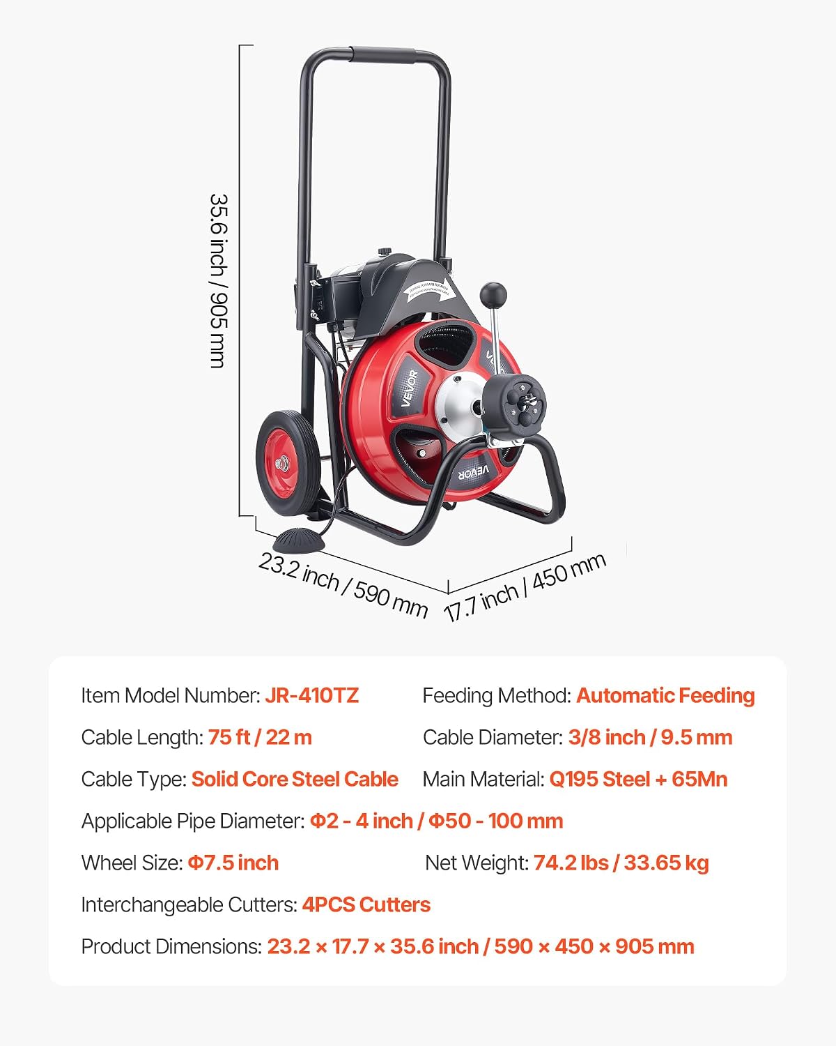 VEVOR Drain Cleaner Machine 75 FT x 3/8 Inch, Auto Feed Sewer Snake Auger on Wheels, Portable Drain Cleaning Machine with 4 Cutters & Air-activated Foot Switch for 2" to 4" Pipes