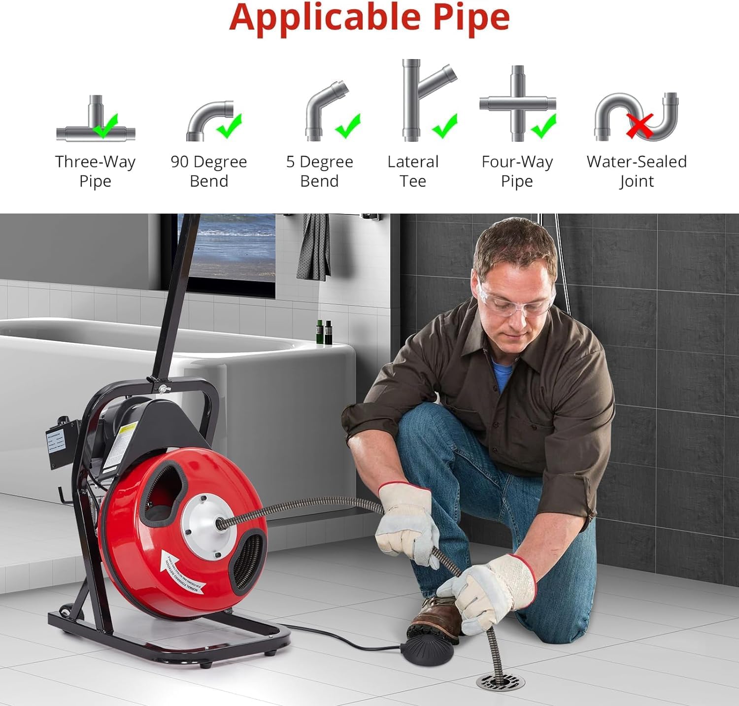 Drain Cleaning Machine, 50FT x 1/2 Inch Professional Electric Drain Auger with 4 Cutters & Foot Switch and Pair of Gloves for 1 to 4 Inch Pipes, Red