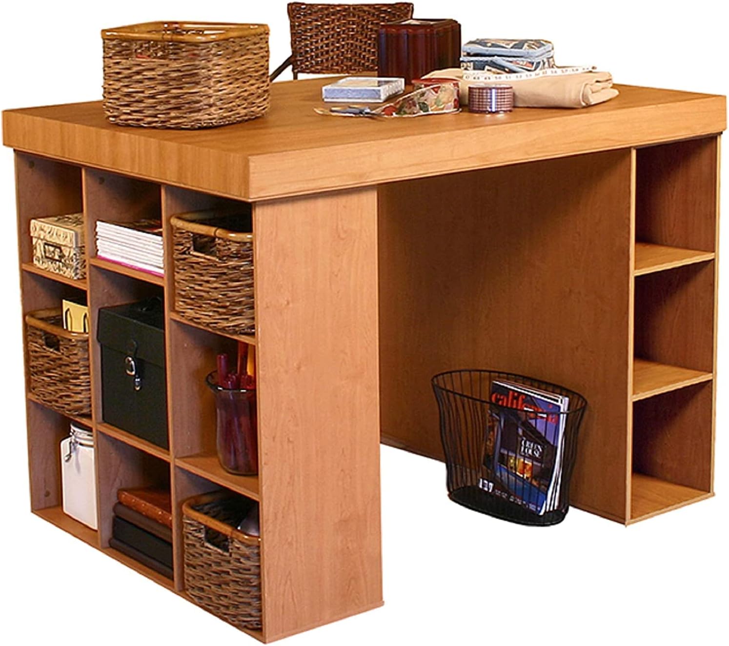 Project Center Desk with Bookcase and 3 Bin Cabinet-Oak