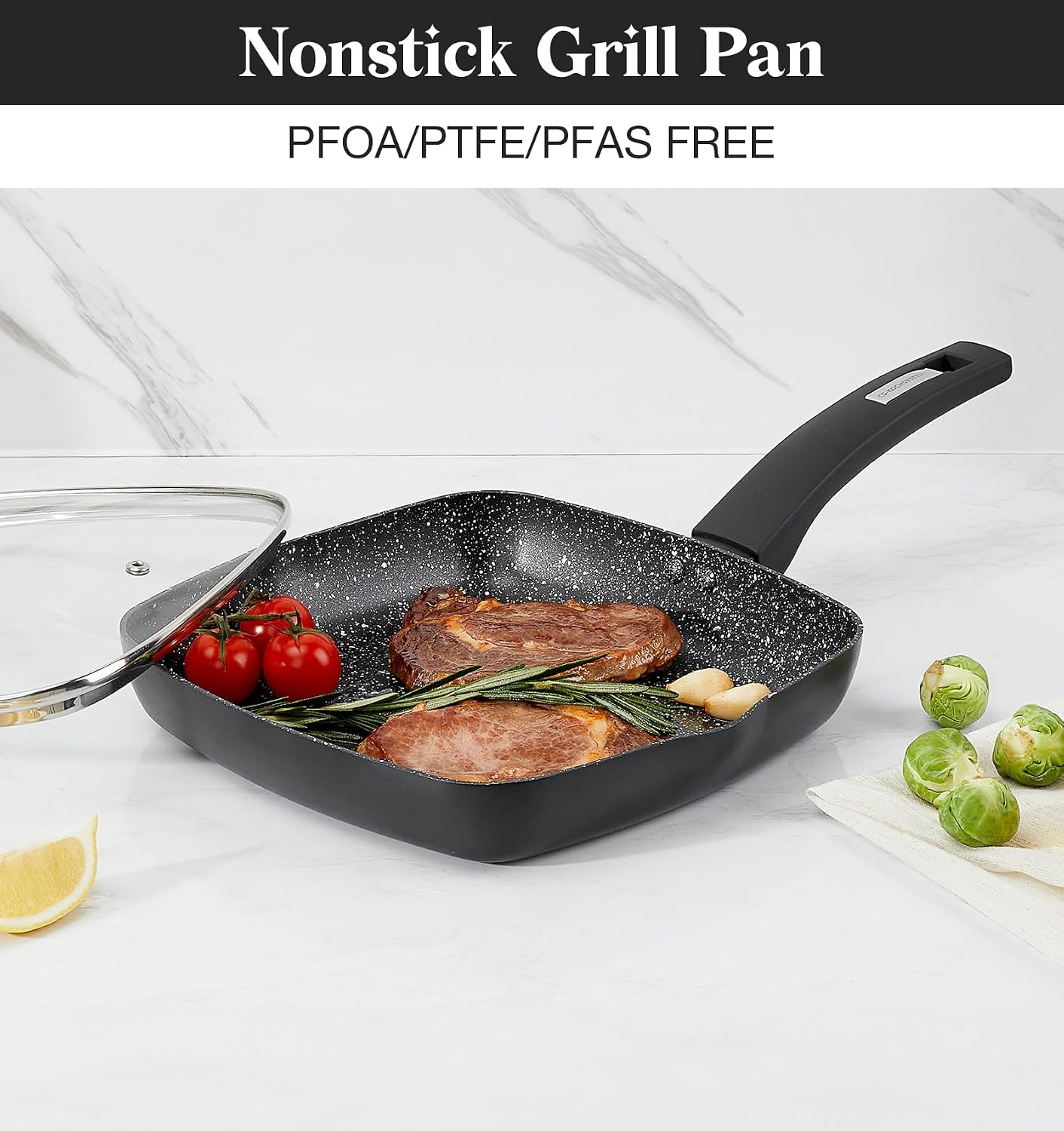 KOCH SYSTEME CS 9.5 Inch Nonstick Grill Pan for Stove Tops, Marble Coating Square Grill Skillet with Lid, Fry Pan Compatible with all Stoves