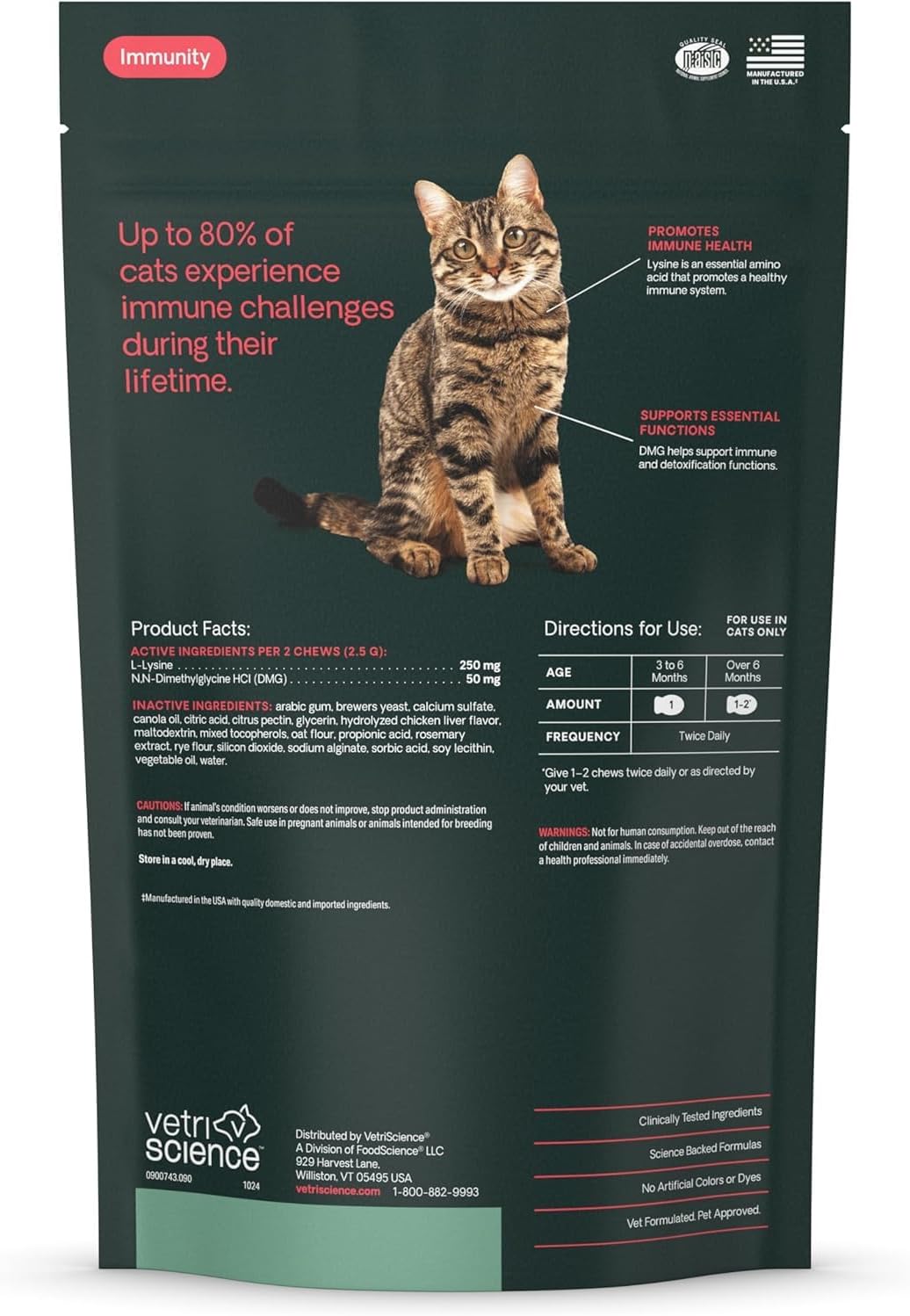 VetriScience Lysine Immunity Health Chews, 250 mg Lysine Plus Immune Supplement for Cats and Kittens with Allergies, Sneezing, Runny Nose and Watery Eyes, Chicken, 120 Count