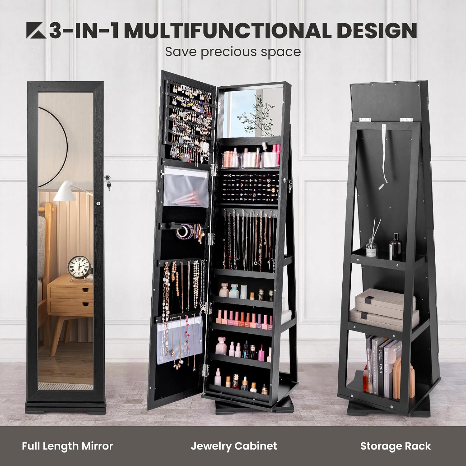 CHARMAID 360° Swivel Jewelry Armoire with Higher Full Length Mirror, Standing Lockable Jewelry Cabinet Organizer with Large Storage Capacity