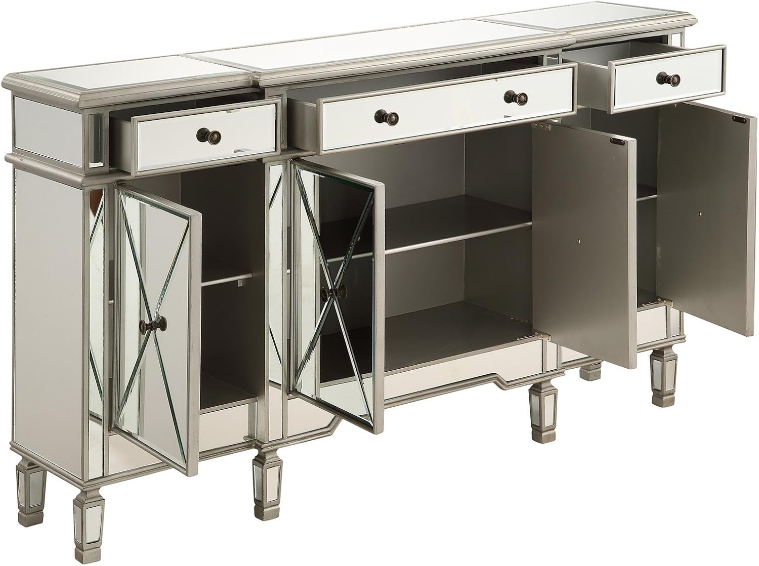 Elegant Lighting 3 Drawer 4 Door Cabinet in Silver Clear 60" x 14" x 36"