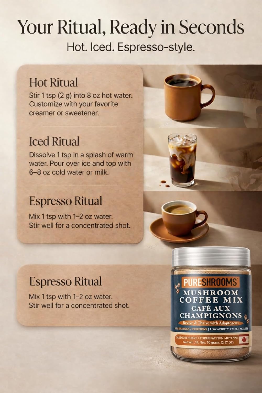 PureShrooms Mind & Body Mushroom Coffee - Instant Colombian Arabica with Organic Lion’s Mane, Reishi & Cordyceps - Low Acidity Nootropic Superfood Beverage for Focus & Vitality, 35 Servings/70g
